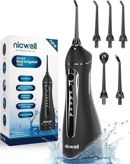 Nicwell - Irrigador dental inalámbrico, 4 modos de funcionamiento, portátil, recargable y con potente batería de larga duración de impermeabilidad IPX7 para limpiar los dientes en casa y en v