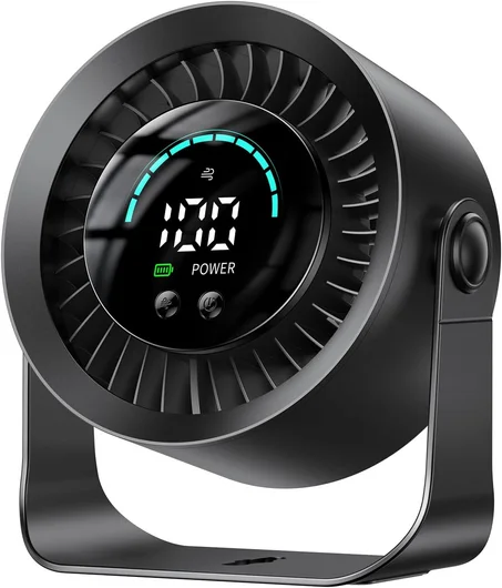 DIGIX Ventilador de escritorio USB recargable para dormitorio, 100 velocidades, rotación de 360°, diseño montado en la pared, pequeño ventilador de mesa portátil con pantalla LED, ventiladore