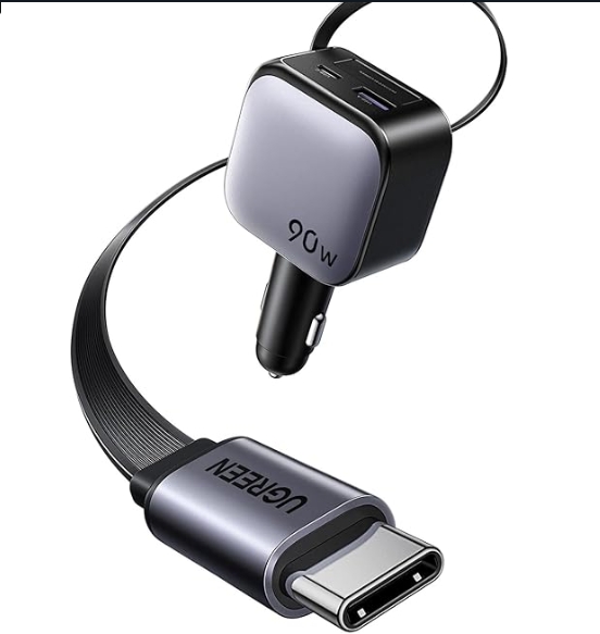 يوجرين شاحن سيارة قابل للسحب 90 وات مع كابل USB C مدمج 60 وات 70 سم،