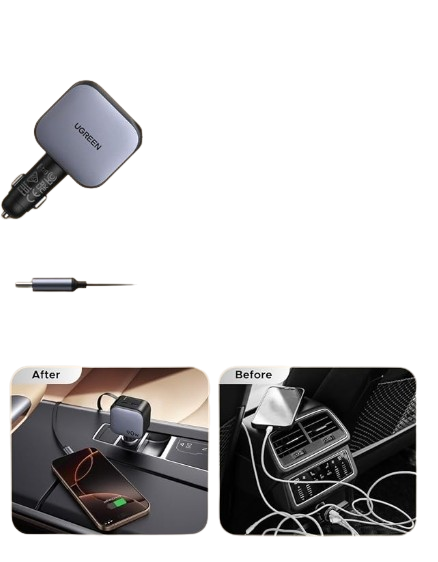 يوجرين شاحن سيارة قابل للسحب 90 وات مع كابل USB C مدمج 60 وات 70 سم،