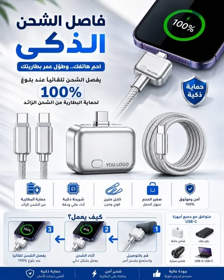 ودّع القلق من الشحن الزائد وارتفاع حرارة الهاتف! 😍**مع كابل الشحن الذكي بقوة 100W تحصل