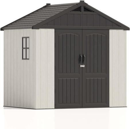 Patiowell 8 x6 FT Plastic Outdoor Storage Shed with Floor, Resin Shed with Window and Lockable Door for Garden, Backyard, Tool Storage Use, Easy to Install in Beige (Kick-it Shed)