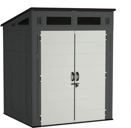 Suncast 6' x 5' Modernist Storage Shed for Yard Storage, All-Weather Outdoor Storage Shed with 2 Lockable Doors and Windows, Peppercorn