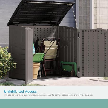 Suncast 4'x 2' Horizontal Storage Shed- Natural Wood-like Outdoor Storage for Trash Cans and Yard Tools -All-Weather Resin Material, Hinged Lid Design and Reinforced Floor-Stoney Grey