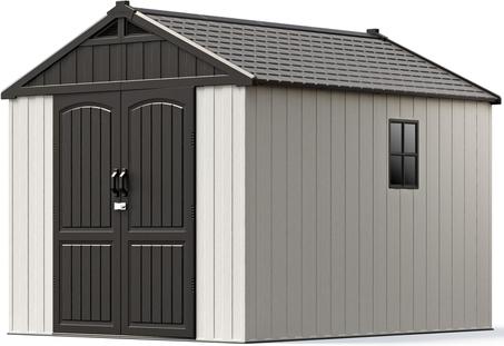 Patiowell 8 x 10 FT Resin Outdoor Storage Shed with Floor, Plastic Shed with Window and Lockable Door for Garden, Backyard, Tool Storage Use, Easy to Install in Beige (Kick-it Shed)