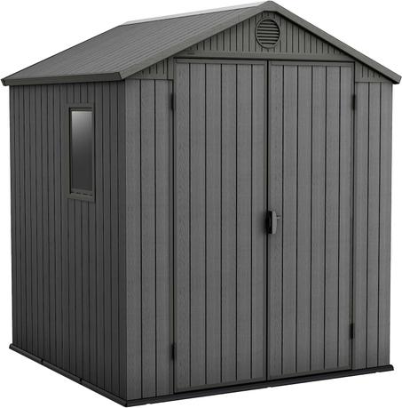 Keter Darwin 6 x 6 Foot Spacious Heavy Duty Outdoor Storage Shed for Organizing Garden Accessories and Tools with Double Doors and High Ceiling, Gray