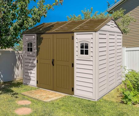Duramax Apex 10.5 x 8 (7.64 m²) Plastic Garden Shed with 2 Fixed Windows and Metal Foundation Kit, Outdoor Storage Solution, Sturdy Structure, Adobe & Brown