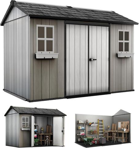 Keter Oakland 11x7.5 Ft All-Weather Storage Shed with Skylight, Windows, Built-in Ventilation, Customizable Walls, & Lockable Double Doors, Grey