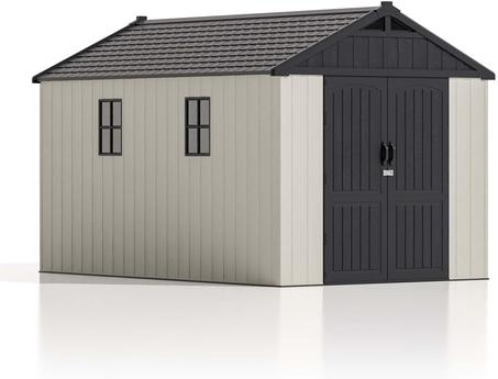 Patiowell 8 x 12 FT Plastic Outdoor Storage Shed with Floor, Resin Shed with Window and Lockable Door for Garden, Backyard, Tool Storage Use, Easy to Install in Beige (Kick-it Shed)