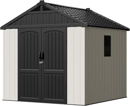Patiowell 8 x 8 FT Plastic Outdoor Storage Shed with Floor, Resin Shed with Window and Lockable Door for Garden, Backyard, Tool Storage Use, Easy to Install in Beige (Kick-it Shed)