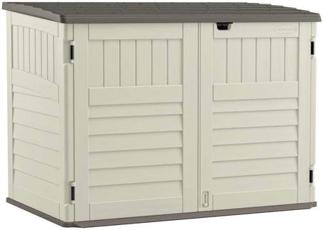 Suncast 5.9 ft. x 3.7 ft Horizontal Stow-Away Storage Shed- Natural Wood-like Outdoor Storage for Trash Cans and Yard Tools -All-Weather Resin, Hinged Lid, Reinforced Floor - Vanilla and St