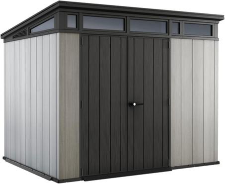 Keter Artisan 9x7 Ft All-Weather Storage Shed with Clear Windows, Built-in Ventilation, Customizable Walls, & Lockable Double Doors, Grey