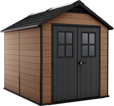 Keter Newton Outdoor Apex Double Door Garden Storage Shed 7.5 X 9ft Brown WPC Wood Look And FeelI Fade Free I All Weather Resistant I Safe And Secure IZero Maintenance I15 Year Warranty