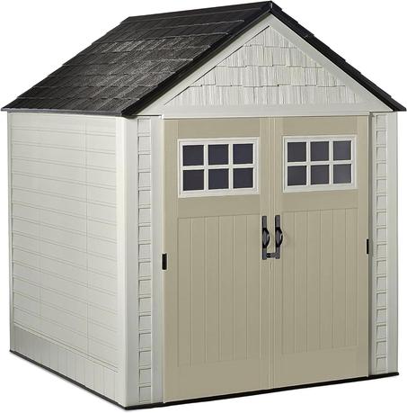 Rubbermaid Resin Outdoor Storage Shed With Floor (7 x7Ft), Weather Resistant, Beige/Brown,Organization for Home/Backyard/Garden Tools/Lawn Mower/Bike Storage/Pool Supplies
