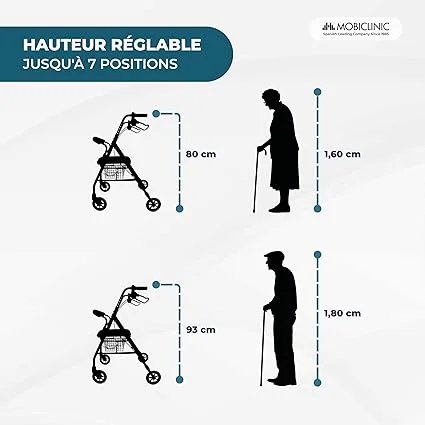 Déambulateur pour Personnes Âgées, Pliable, Réglable en Hauteur, Freins Manuels et Verrouillables