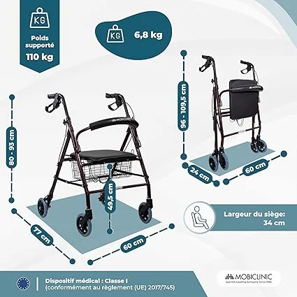 Déambulateur pour Personnes Âgées, Pliable, Réglable en Hauteur, Freins Manuels et Verrouillables