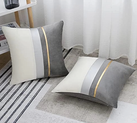 Coussin Décoratif 40 x 40 cm Velours & Cuir Lot de 4