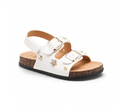 Sandales Fille Blanc à Scratch Double Boucle & Ornement Décoratif - du 28 au 35 • France