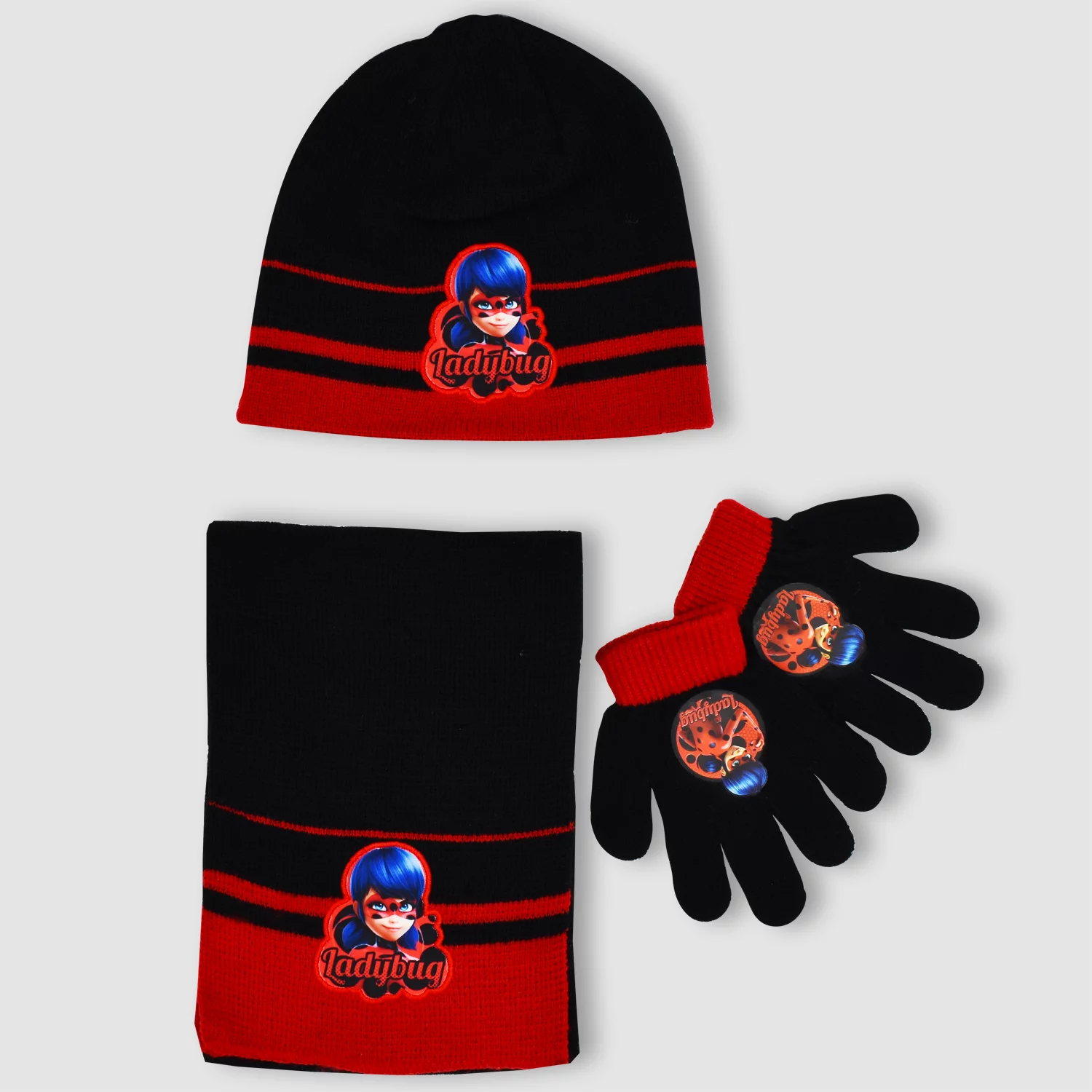 Ensemble Miraculous Ladybug – 3 pièces : Bonnet + Écharpe + Gants (Taille standard enfants 3-7 ans)
