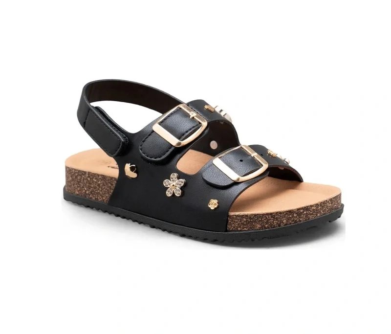 Sandales Fille Noir à Scratch Double Boucle & Ornement Décoratif - du 28 au 35 • France