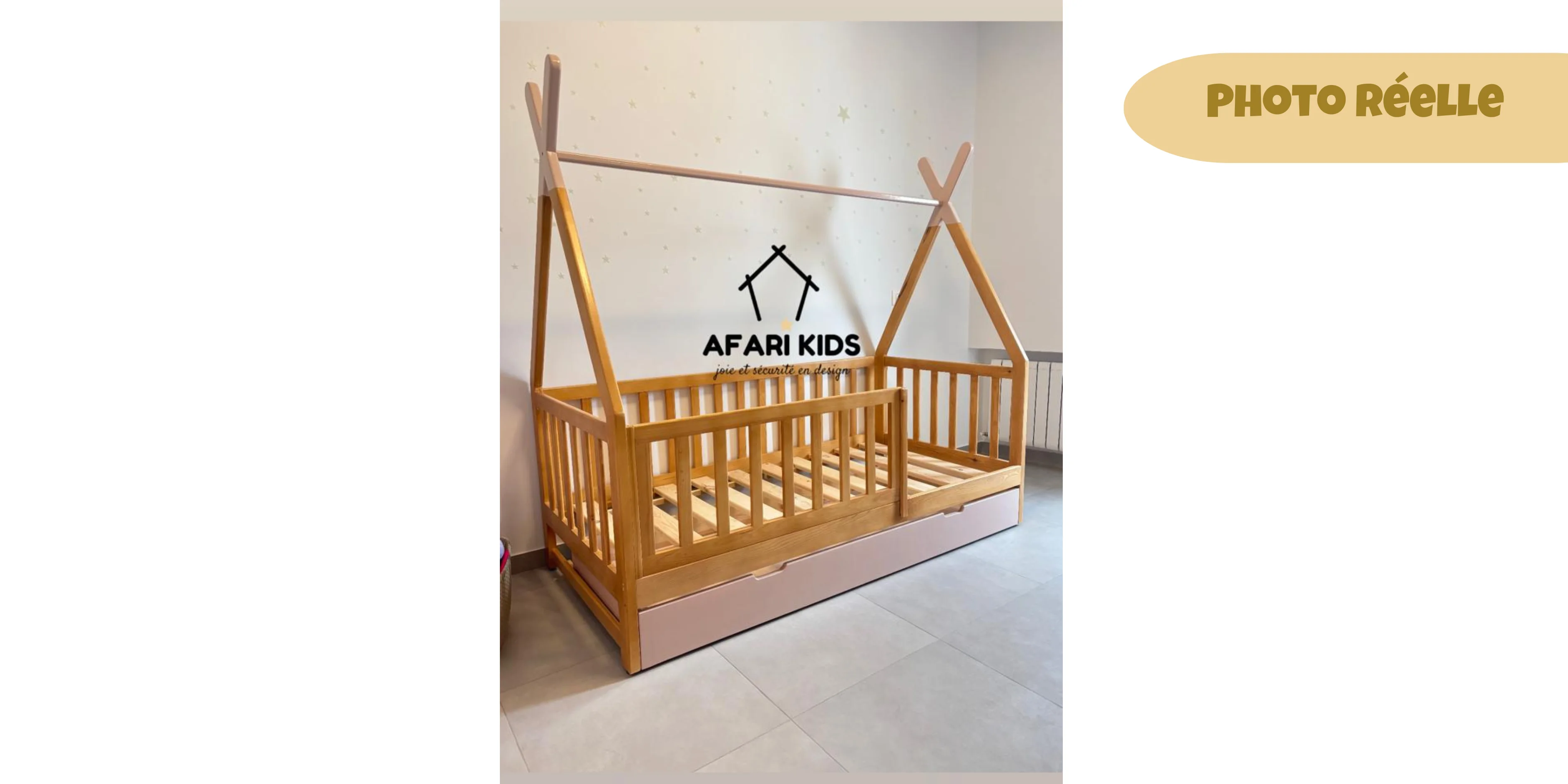 Lit FIERO avec tiroir de rangement - 100% Bois naturel - 3 tailles