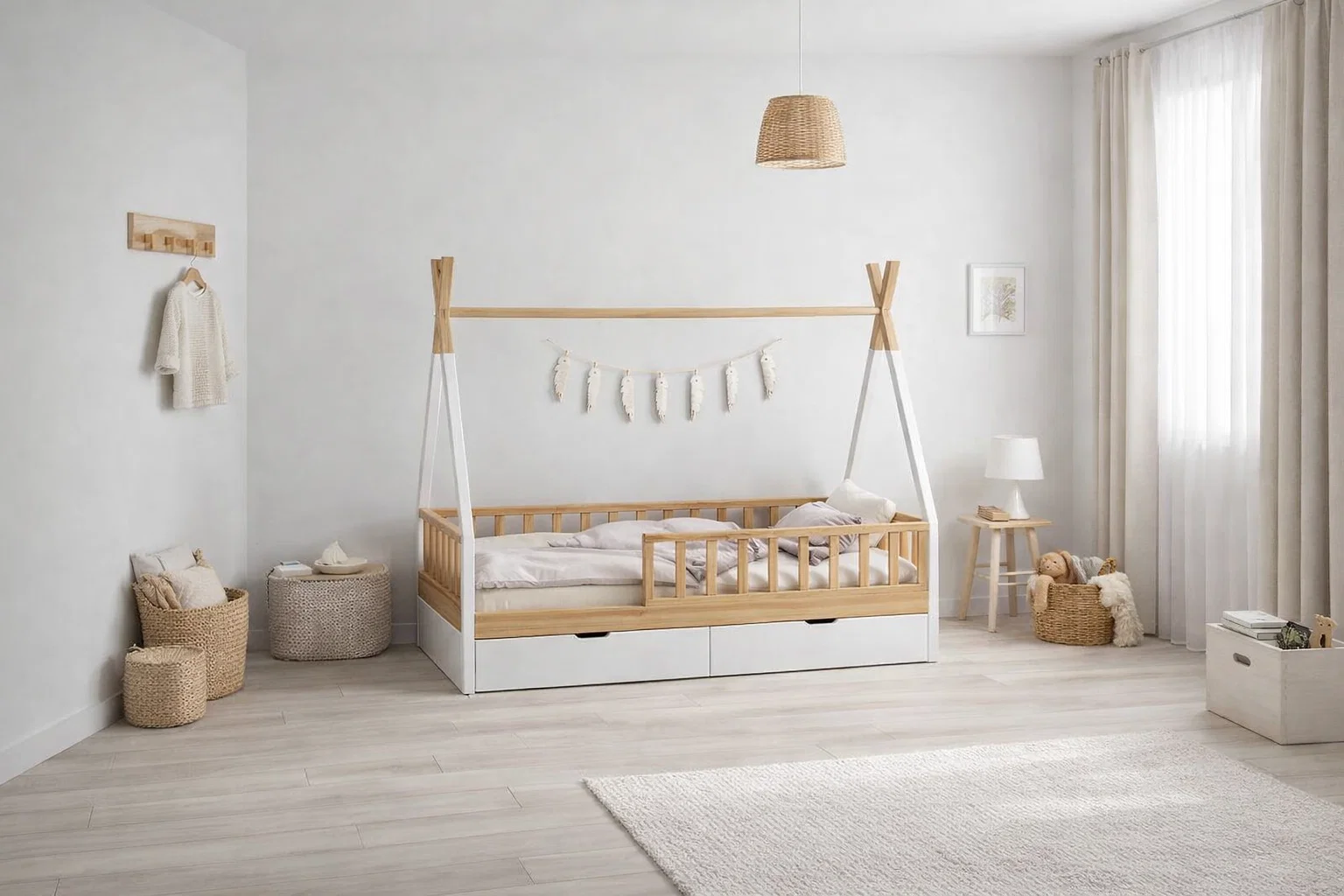 Lit FIERO avec tiroir de rangement - 100% Bois naturel - 3 tailles