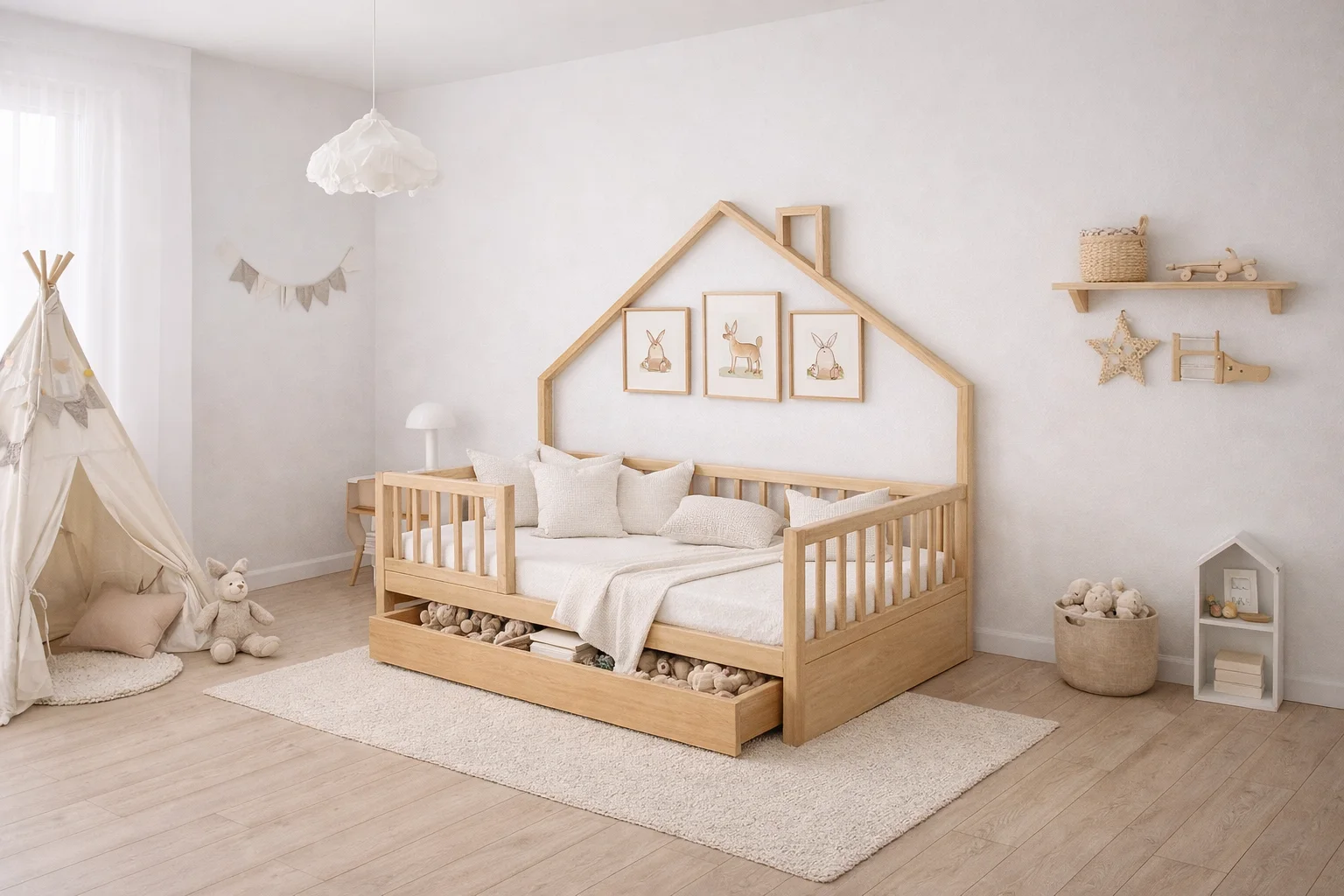 Lit Montessori évolutif - 100 % Bois Naturel - 3 tailles