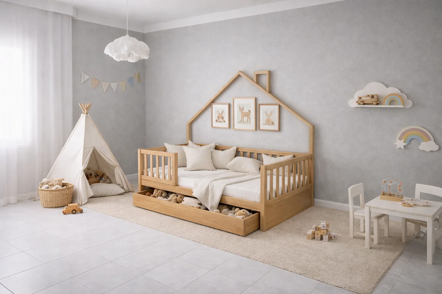 Lit Montessori évolutif - 100 % Bois Naturel - 3 tailles