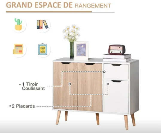 Buffet RAYA design scandinave 2 placards tiroir coulissant pieds bois massif - 90 * 72 * 30 cm