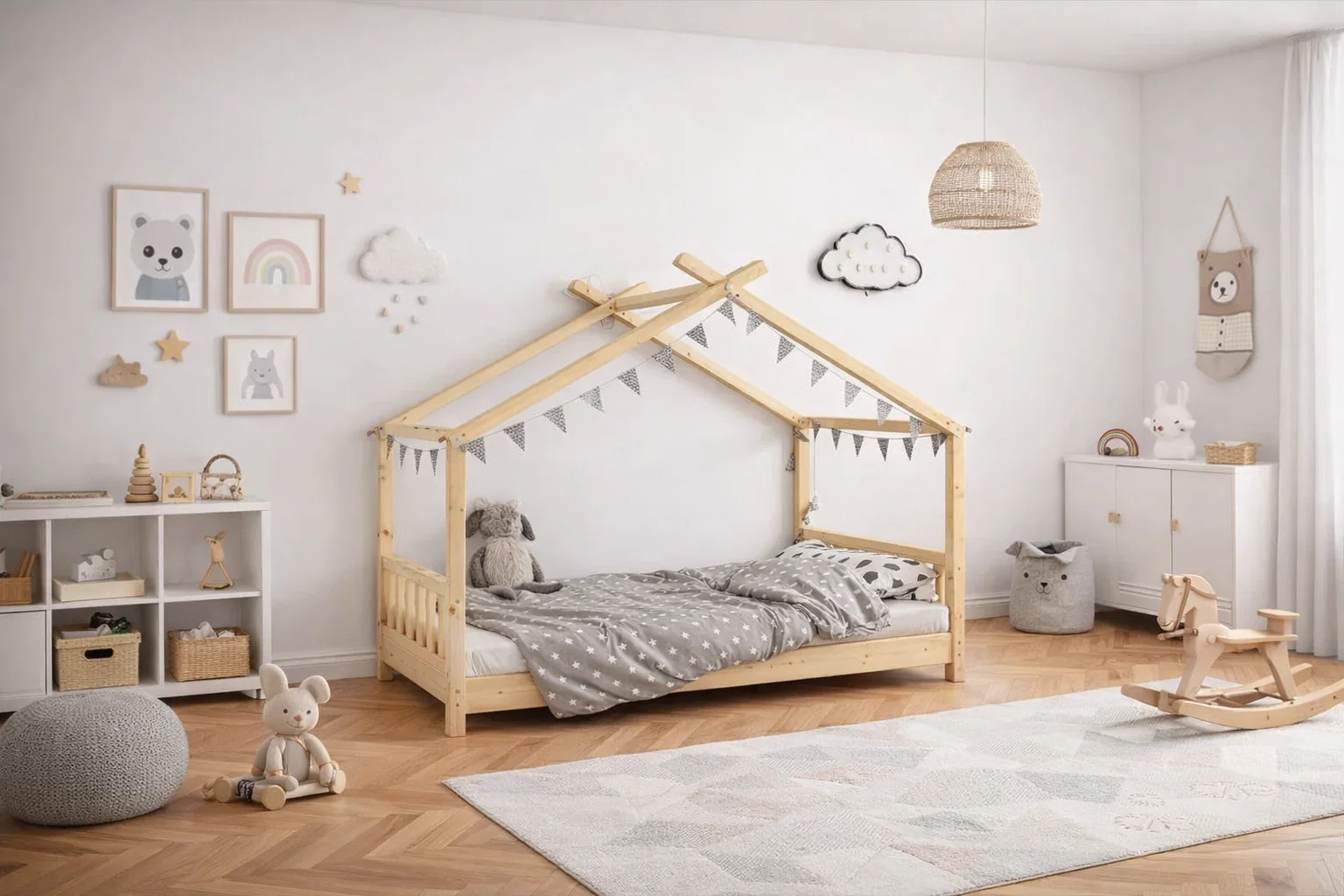 Pack chambre LINA - Lit Cabane + Armoire + Bureau + Table de chevet + 1 CADEAU 🎁