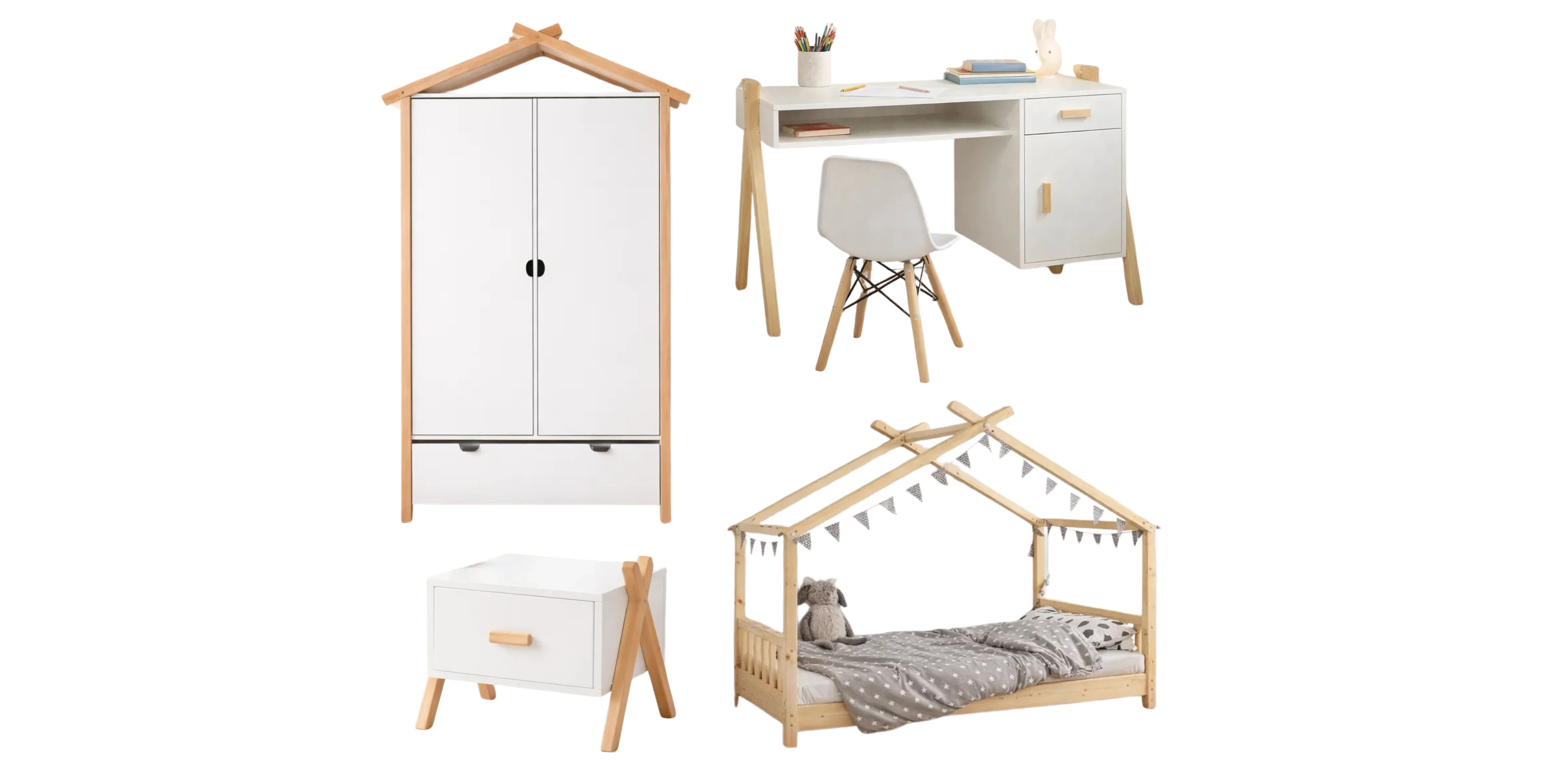 Pack chambre LINA - Lit Cabane + Armoire + Bureau + Table de chevet + 1 CADEAU 🎁