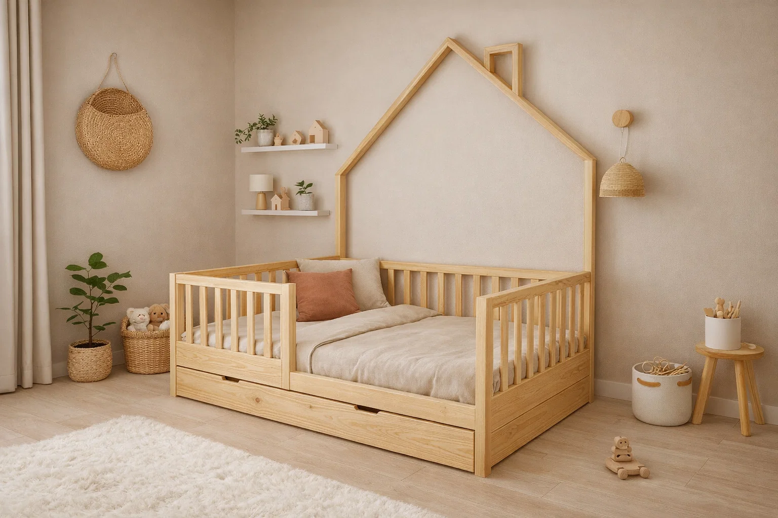 Lit cabane CAMILLE - 100 % Bois Naturel - 3 tailles