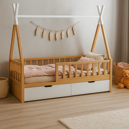 Lit FIERO avec tiroir de rangement - 100% Bois naturel - 3 tailles