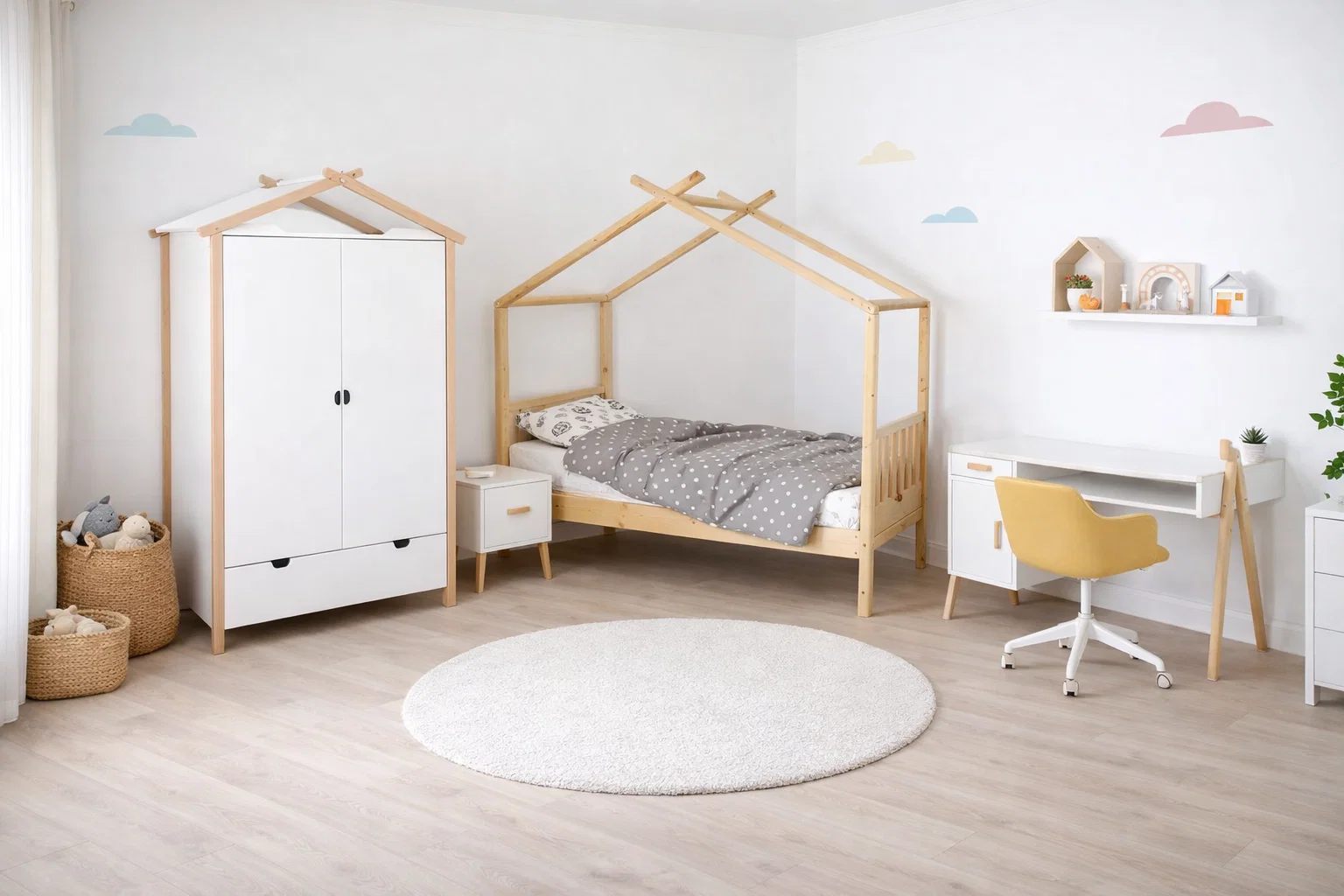 Pack chambre LINA - Lit Cabane + Armoire + Bureau + Table de chevet + 1 CADEAU 🎁