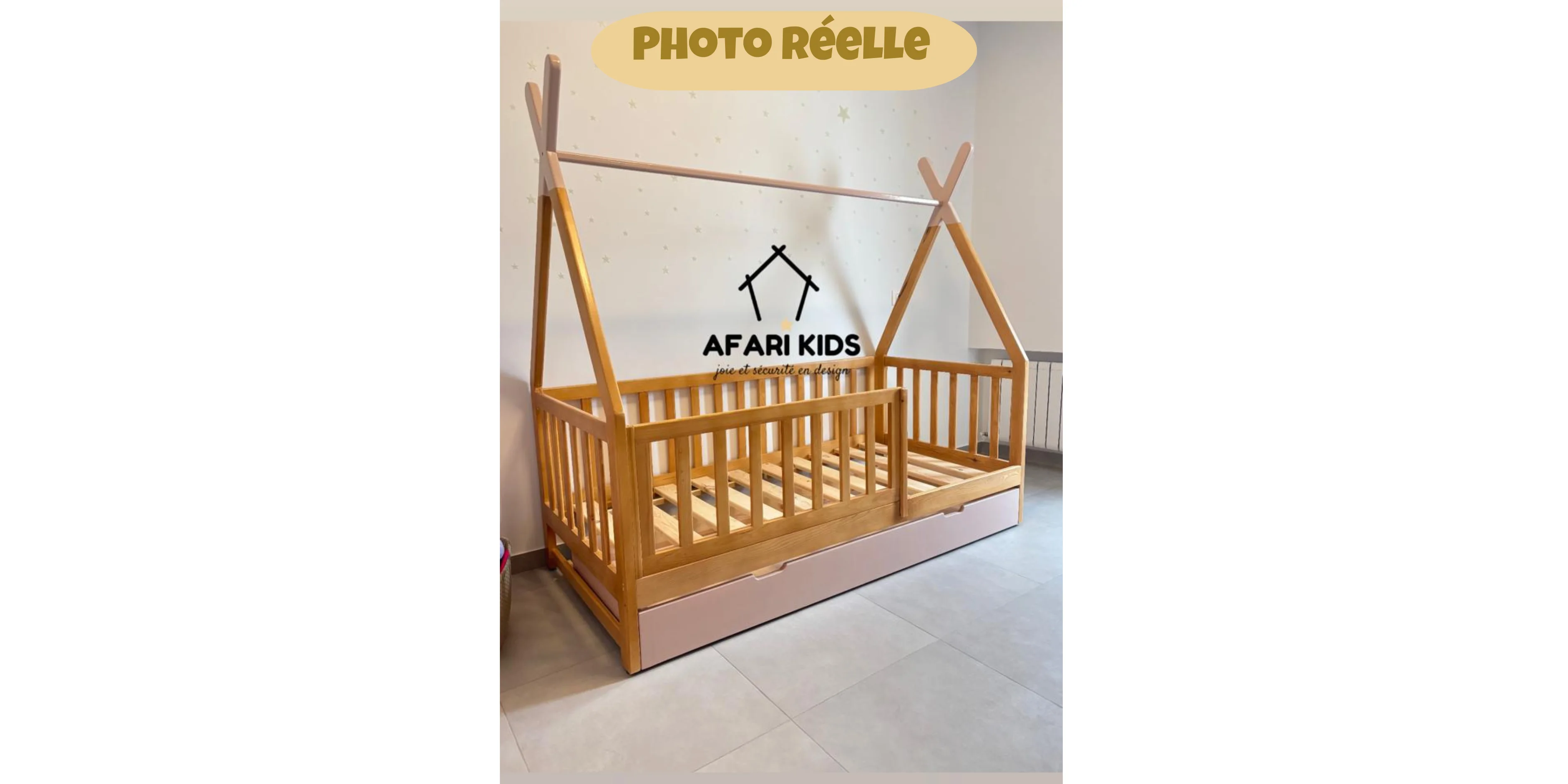 Lit FIERO avec tiroir de rangement - 100% Bois naturel - 3 tailles