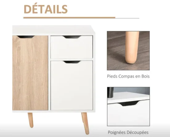 Buffet RAYA design scandinave 2 placards tiroir coulissant pieds bois massif - 90 * 72 * 30 cm