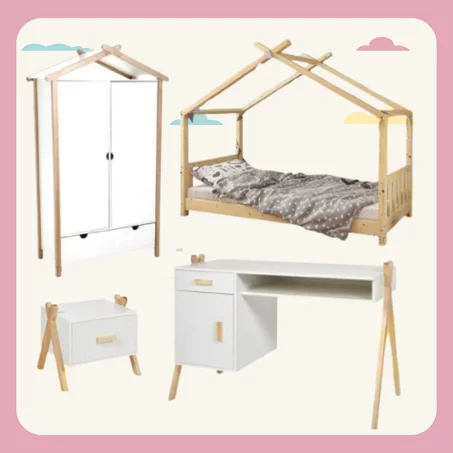 Pack chambre LINA - Lit Cabane + Armoire + Bureau + Table de chevet + 1 CADEAU 🎁