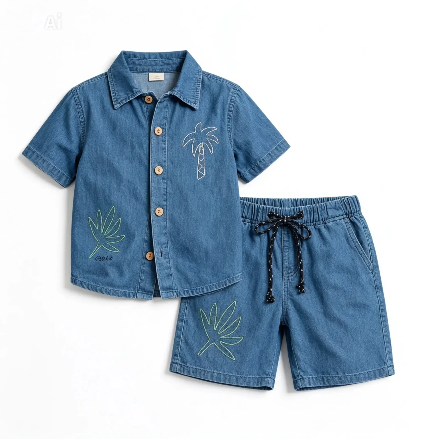 طقم VIP صيفي ولادي بخامة الجينز البارد Chambray Cotton– فخامة التصميم الاستوائي