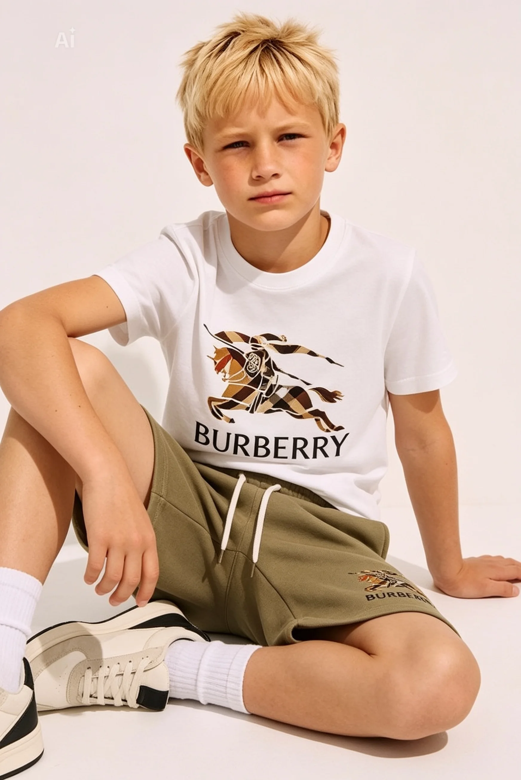 تراك VIP ولادي بتصميم "Burberry" الفاخر (خامة ثقيلة) – أبيض وخاكي