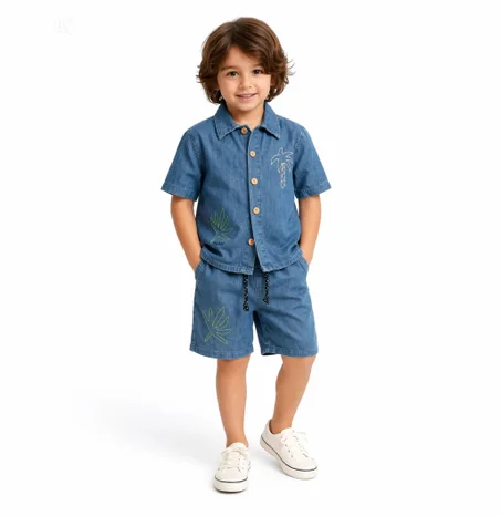 طقم VIP صيفي ولادي بخامة الجينز البارد Chambray Cotton– فخامة التصميم الاستوائي