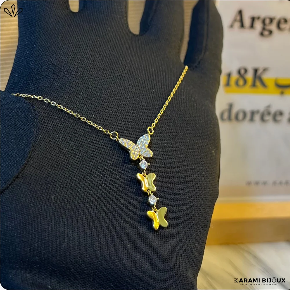 Collier floral papillon vintage, collier filigrane doré damasquiné - France