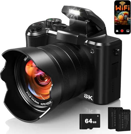 Cámaras digitales 8K para fotografía, cámara de vlogging WiFi de 88 megapíxeles con enfoque automático para YouTube con lente para selfies, cámara de video profesional con flash, pantalla