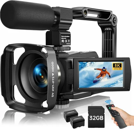 Videocámara 8K 2025 Última Cámaras de Video Ultra HD de 88MP WiFi Cámara de Vlogging para YouTube 18X Cámaras de Video Digital con Tarjeta de 32G y Micrófono Anti-vibración de 6 Ejes Visión N