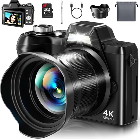 4K Digital Camera for Photography, Autofocus 56MP Vlogging Camera for YouTube/Content Creators/Travel, 16X Zoom Video Camera with 3" 180°Flip Screen & Lens Hood, Gift Ideas for Teens & Beginn