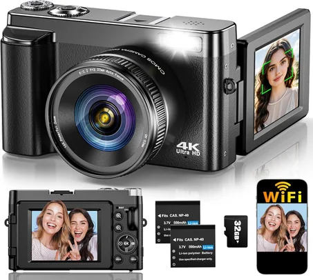 Cámara digital 4K para enfoque automático de fotografía, cámara de vlogging WiFi mejorada de 64 MP para YouTube con pantalla abatible de 180° de 3 pulgadas, zoom de 16X, cámaras de viaje comp