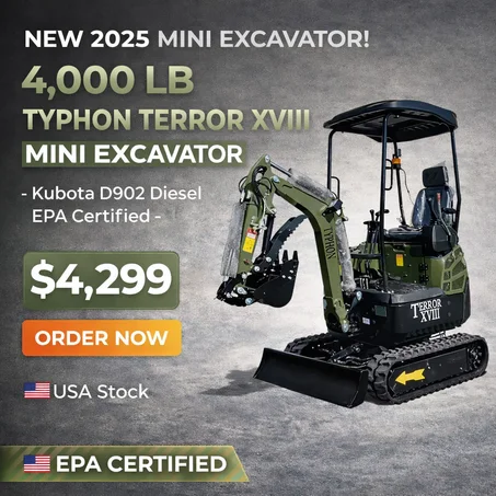 2025 4,000 lb TYPHON TERROR XVIII Mini Excavator – Kubota D902 Diesel Engine | EPA Certified