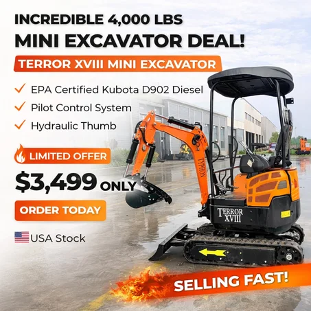 4,000 lbs Terror XVIII Mini Excavator, EPA Certified KUBOTA D902 Diesel Machine