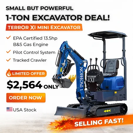 TERROR XI Mini Excavator 1 Ton Digger 13.5hp Gas Tracked Crawler B&S EPA Engine