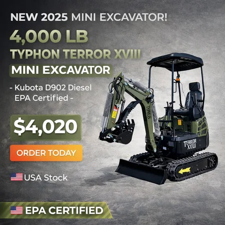 2025 4,000 lb TYPHON TERROR XVIII Mini Excavator – Kubota D902 Diesel Engine | EPA Certified