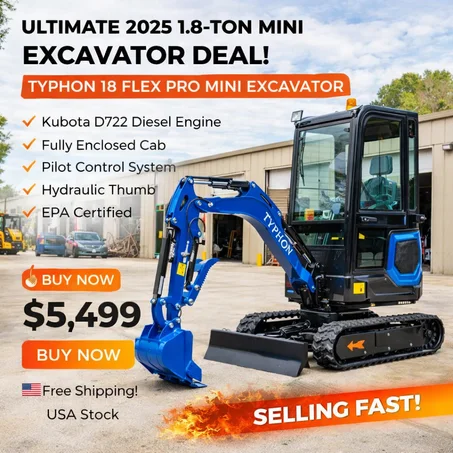 2025 TYPHON 18 FLEX PRO 1.8 Ton Mini Excavator – Powered by Kubota D722 Diesel Engine | EPA Certified USA